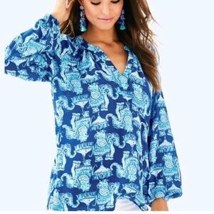 Lilly Pulitzer Martinique Tunic top blue Joy Ride Elephant Print size Small
